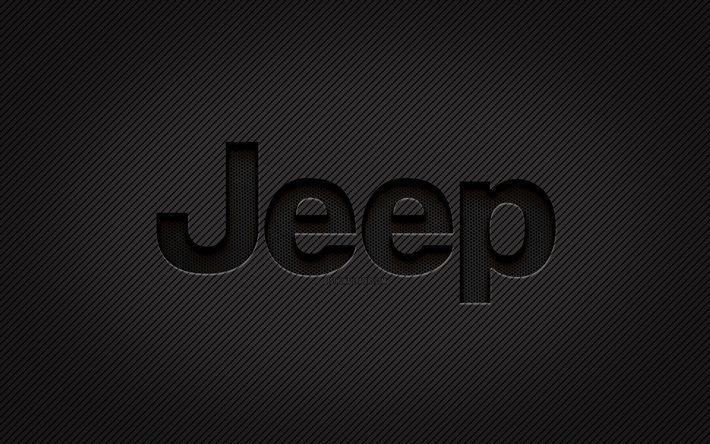 ジープカーボンロゴ, 4k, グランジアート, カーボンバックグラウンド, creative クリエイティブ, 黒のロゴ, 車のブランド, ジープのロゴ, ジープ