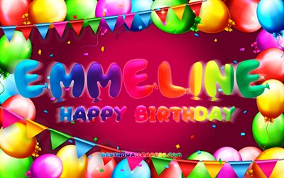 Happy Birthday Emmeline, 4k, colorful balloon frame, Emmeline name, purple background, Emmeline Happy Birthday, Emmeline Birthday, popular american female names, Birthday concept, Emmeline