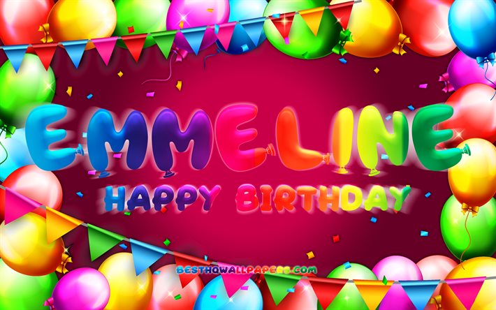 Joyeux anniversaire Emmeline, 4k, cadre de ballon color&#233;, nom Emmeline, fond violet, Emmeline joyeux anniversaire, Emmeline anniversaire, noms f&#233;minins am&#233;ricains populaires, concept d&#39;anniversaire, Emmeline