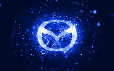 Logo bleu fonc&#233; Mazda, 4k, n&#233;ons bleu fonc&#233;, cr&#233;atif, fond abstrait bleu fonc&#233;, logo Mazda, marques de voitures, Mazda