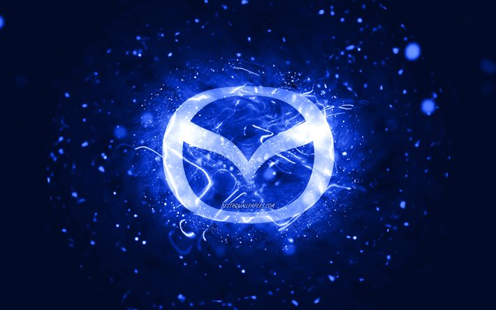 Mazda dark blue logo, 4k, dark blue neon lights, creative, dark blue abstract background, Mazda logo, cars brands, Mazda