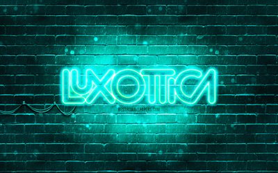 Luxottica turquoise logo, 4k, turquoise brickwall, Luxottica logo, brands, Luxottica neon logo, Luxottica