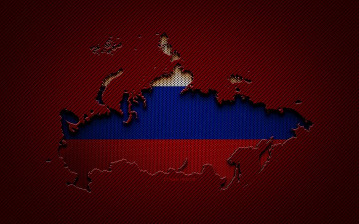 Carte de la Russie, 4k, pays europ&#233;ens, drapeau russe, fond de carbone rouge, silhouette de la carte de la Russie, drapeau de la Russie, Europe, carte russe, Russie