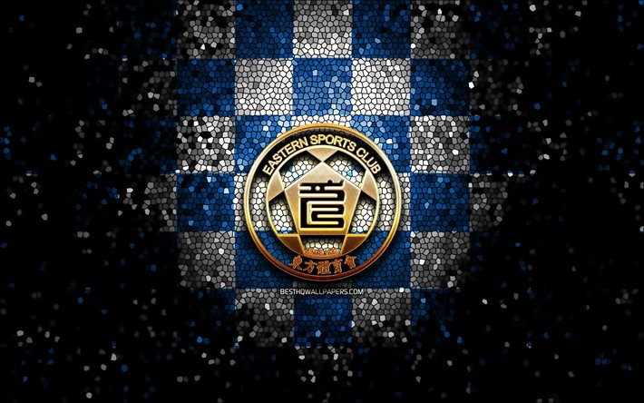 Eastern SC, glitter logo, Hong Kong Premier League, blue white checkered background, soccer, Hong Kong football club, Eastern AA logo, mosaic art, Eastern AA, football, Eastern FC