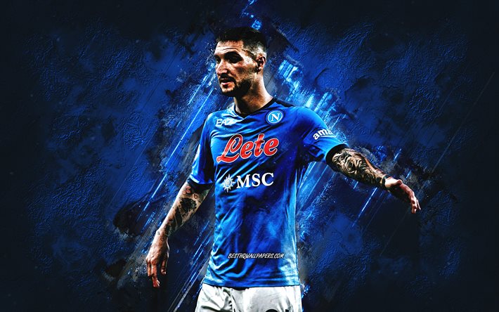 Matteo Politano, Napoli, Italian footballer, Serie A, Italy, soccer, blue stone background, SSC Napoli, grunge art