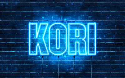 Feliz Anivers&#225;rio Kori, 4k, luzes de n&#233;on azuis, nome Kori, criativo, Anivers&#225;rio Kori, nomes masculinos japoneses populares, imagem com o nome Kori, Kori