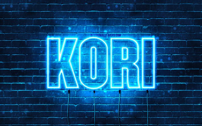 Happy Birthday Kori, 4k, blue neon lights, Kori name, creative, Kori Happy Birthday, Kori Birthday, popular japanese male names, picture with Kori name, Kori