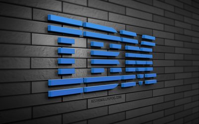 Logotipo IBM 3D, 4K, parede de tijolos cinza, criativo, marcas, logotipo IBM, arte 3D, IBM