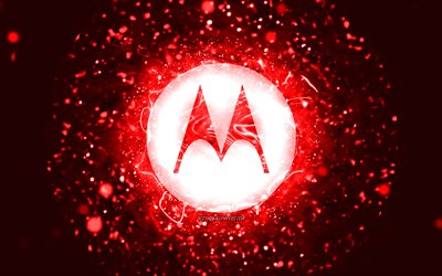 Motorola red logo, 4k, red neon lights, creative, red abstract background, Motorola logo, brands, Motorola
