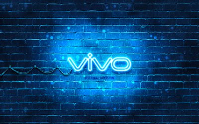Logo bleu Vivo, 4k, mur de briques bleu, logo Vivo, marques, logo n&#233;on Vivo, Vivo