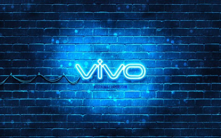 Vivo blue logo, 4k, blue brickwall, Vivo logo, markalar, Vivo neon logo, Vivo