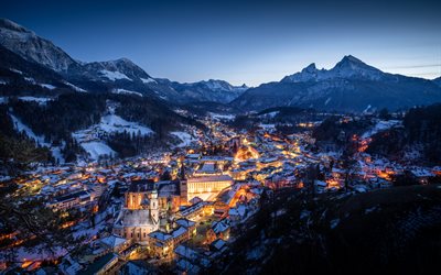 Berchtesgaden, Alpler, akşam, g&#252;n batımı, dağ manzarası, Alplerde tatil k&#246;yleri, Berchtesgaden panorama, Berchtesgaden şehir manzarası, Bavyera, Almanya