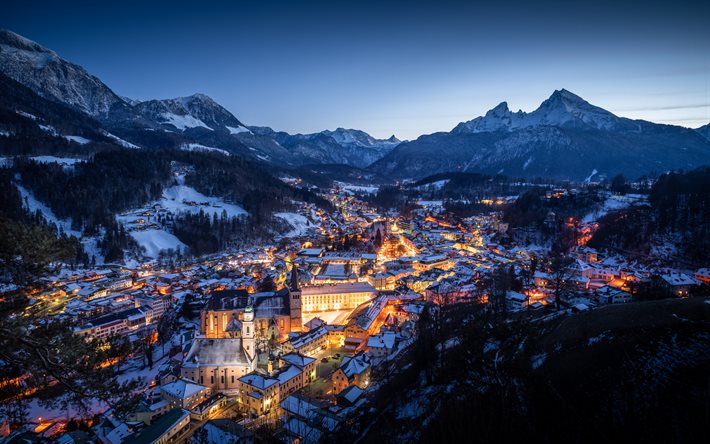 Berchtesgaden, Alpi, sera, tramonto, paesaggio di montagna, localit&#224; delle Alpi, panorama di Berchtesgaden, paesaggio urbano di Berchtesgaden, Baviera, Germania