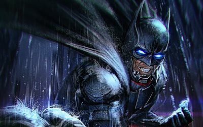 Batman, 4k, DC-serier, natt, superhj&#228;ltar, 3D-konst, Arg Batman, regn, kreativ, Batman 4K