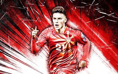 4k, Elif Elmas, grunge-taide, Pohjois-Makedonian maajoukkue, jalkapallo, jalkapalloilijat, punaiset abstraktit s&#228;teet, Makedonian jalkapallojoukkue, Elif Elmas 4K