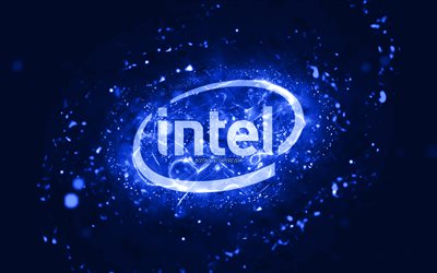 Intel dark blue logo, 4k, dark blue neon lights, creative, dark blue abstract background, Intel logo, brands, Intel