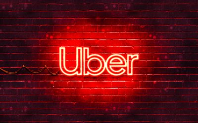 Uber logo rosso, 4k, muro di mattoni rosso, logo Uber, marchi, logo Uber neon, Uber