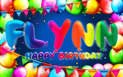 Joyeux anniversaire Flynn, 4k, cadre de ballon color&#233;, nom de Flynn, fond bleu, joyeux anniversaire de Flynn, anniversaire de Flynn, noms masculins am&#233;ricains populaires, concept d&#39;anniversaire, Flynn