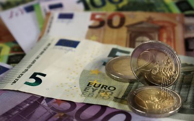 ユーロマネー, 2ユーロ, 5ユーロ, お金の背景, 欧州連合, 2ユーロ硬貨, 融資
