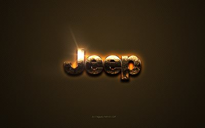 Jeep golden logo, artwork, brown metal background, Jeep emblem, creative, Jeeplogo, brands, Jeep