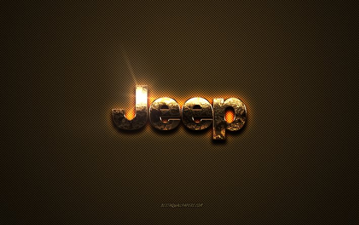 Jeep altın logosu, sanat eseri, kahverengi metal arka plan, Jeep amblemi, yaratıcı, Jeeplogo, markalar, Jeep
