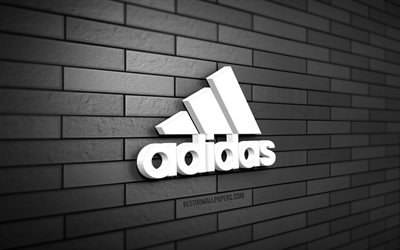 Logo Adidas 3D, 4K, muro di mattoni grigio, creativo, marchi, logo Adidas, arte 3D, Adidas
