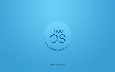 MacOS3Dロゴ, 水色の背景, MacOSライトブルーのロゴ, 3Dロゴ, MacOSエンブレム, Mac OS, 3Dアート