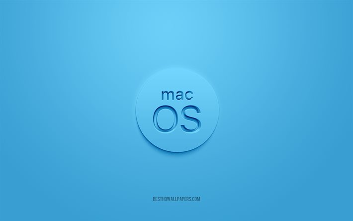 Logo MacOS 3D, fond bleu clair, logo MacOS bleu clair, logo 3D, embl&#232;me MacOS, MacOS, art 3D