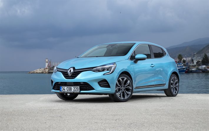 Renault Clio, 2021, n&#228;kym&#228; edest&#228;, ulkoa, Clio 5, sininen viistoper&#228;, uusi sininen Clio, ranskalaiset autot, Renault