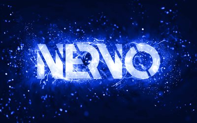 Nervo dark blue logo, 4k, Australian DJs, dark blue neon lights, Olivia Nervo, Miriam Nervo, dark blue abstract background, Nick van de Wall, Nervo logo, music stars, Nervo