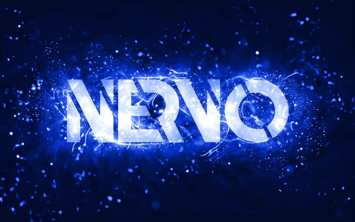 Nervo logo blu scuro, 4k, DJ australiani, luci al neon blu scuro, Olivia Nervo, Miriam Nervo, sfondo astratto blu scuro, Nick van de Wall, logo Nervo, stelle della musica, Nervo