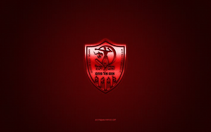 Hapoel Umm al-Fahm FC, イスラエルのサッカークラブ, リーガ・レウミット, 赤いロゴ, 赤い炭素繊維の背景, サッカー, うーんアルファーム, イスラエル, Hapoel Umm al-FahmFCロゴ