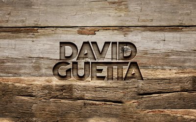 David Guetta wooden logo, 4K, Pierre David Guetta, wooden backgrounds, french DJs, David Guetta logo, creative, wood carving, David Guetta