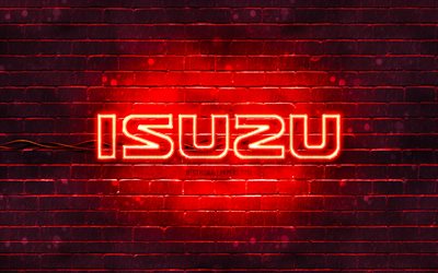 Isuzu red logo, 4k, red brickwall, Isuzu logo, cars brands, Isuzu neon logo, Isuzu