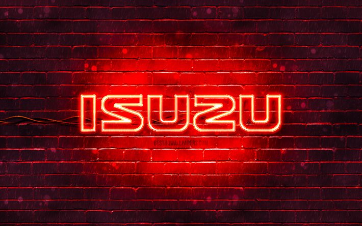 Isuzu red logo, 4k, red brickwall, Isuzu logo, cars brands, Isuzu neon logo, Isuzu
