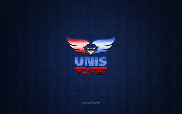 UNIS Flyers, club de hockey n&#233;erlandais, logo bleu, fond bleu en fibre de carbone, BeNe League, hockey, Heerenveen, Pays-Bas, logo UNIS Flyers
