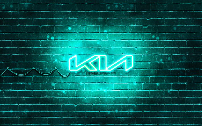 KIA turquoise logo, turquoise brickwall, 4k, KIA new logo, cars brands, KIA neon logo, KIA 2021 logo, KIA logo, KIA