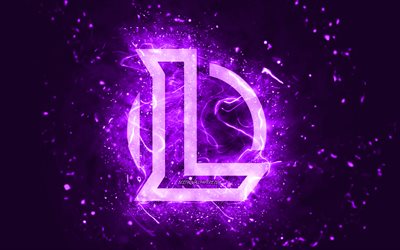 League of Legends logo viola, 4k, LoL, luci al neon viola, creativo, viola sfondo astratto, logo League of Legends, logo LoL, giochi online, League of Legends
