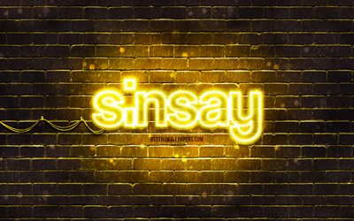 Sinsay logo giallo, 4k, muro di mattoni giallo, logo Sinsay, marchi, logo al neon Sinsay, Sinsay