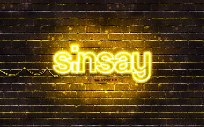 Logotipo amarelo Sinsay, 4k, parede de tijolos amarela, logotipo Sinsay, marcas, logotipo n&#233;on Sinsay, Sinsay