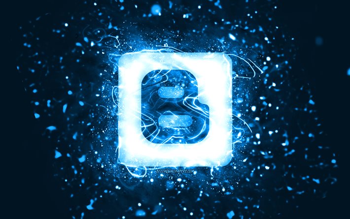 Blogger blue logo, 4k, blue neon lights, creative, blue abstract background, Blogger logo, social network, Blogger