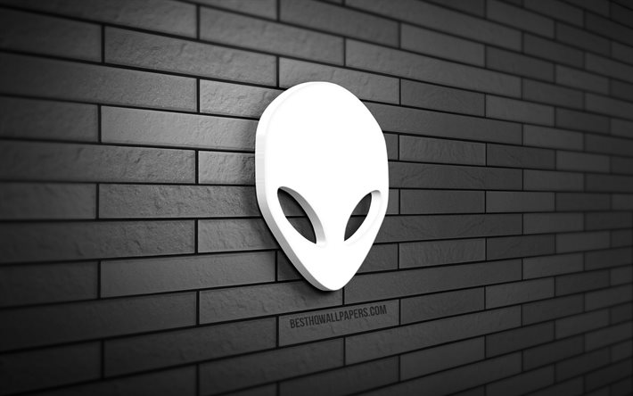 Logotipo de Alienware 3D, 4K, pared de ladrillo gris, creativo, marcas, logotipo de Alienware, arte 3D, Alienware