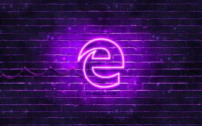 microsoft edge violet logo, 4k, violet brickwall, microsoft edge logo, marken, microsoft edge neon logo, microsoft edge