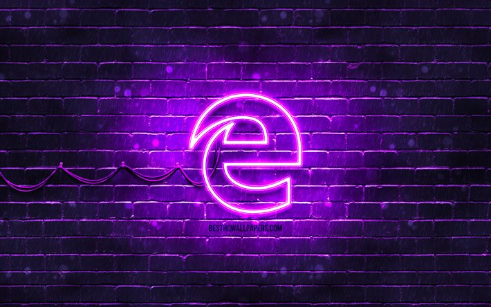 Microsoft Edge menekşe logosu, 4k, menekşe tuğla duvar, Microsoft Edge logosu, markalar, Microsoft Edge neon logosu, Microsoft Edge