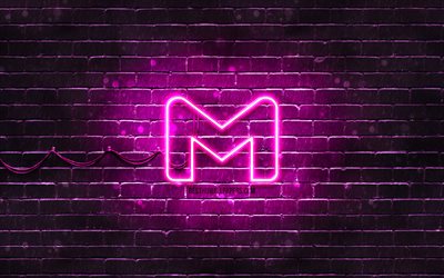 Logo viola di Gmail, 4k, muro di mattoni viola, logo di Gmail, servizi postali, logo al neon di Gmail, Gmail