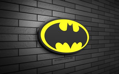 Batman 3D logosu, 4K, gri brickwall, yaratıcı, s&#252;per kahramanlar, Batman logosu, 3D sanat, Batman