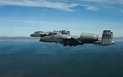 Fairchild Republic A-10 Thunderbolt II, American attack aircraft, US Air Force, two attack aircraft in the sky, A-10 Thunderbolt II in the sky, combat aircraft