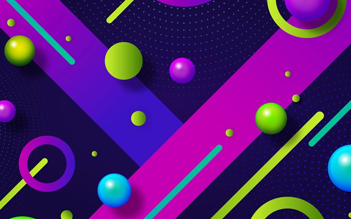 colorful 3D balls, 4k, creative, violet abstract background, geometric shapes, 3D spheres, abstract backgrounds