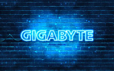 Gigabyte blue logo, 4k, blue brickwall, Gigabyte logo, brands, Gigabyte neon logo, Gigabyte