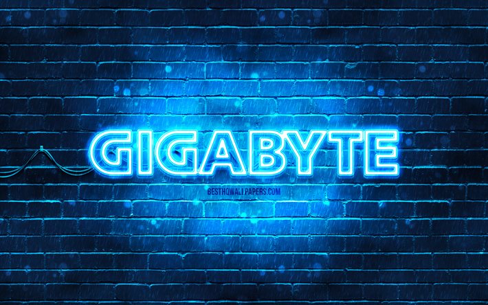 Logotipo azul de Gigabyte, 4k, pared de ladrillo azul, logotipo de Gigabyte, marcas, logotipo de ne&#243;n de Gigabyte, Gigabyte